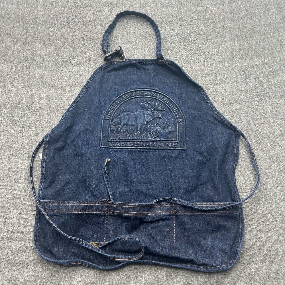 Embossed Apron Made In USA VTG Blue Denim Cotton Maine Moose Mountains